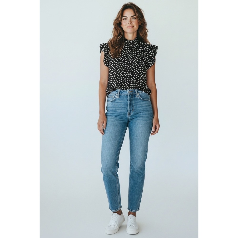 Love X Design Women Black White Polka Dot Smocked High Neck Ruffle Blouse Medium